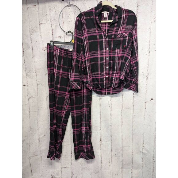 Victorias‎ Secret Shimmer Cotton Flannel Long Sleeve Pajama Set Black Pink Plaid - Picture 1 of 13